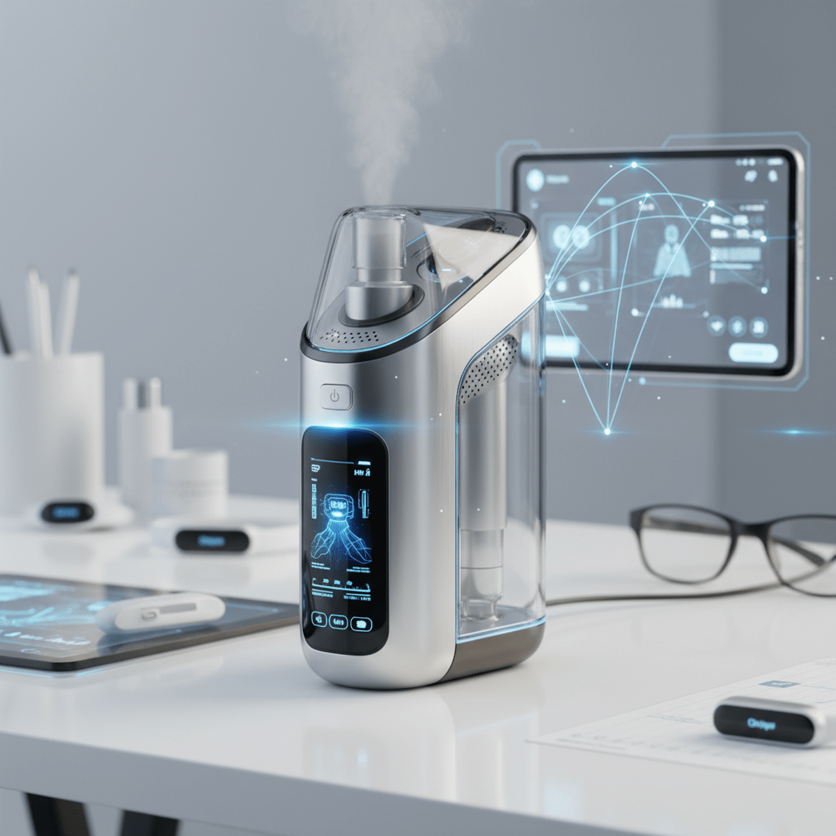 Sleek futuristic nebulizer glows with blue AI interface on a modern desk.