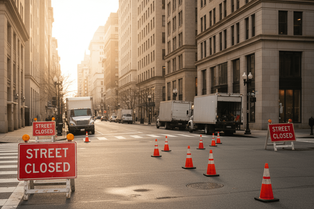 Urban street closure logistics during a major city event Wide shot of a DC street intersection with closure signs and delivery trucks under natural morning light