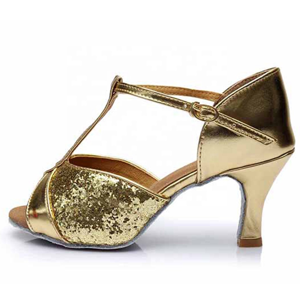 Женские туфли для латиноамериканских танцев, золотистые туфли с блестками для бальных танцев на каблуке 7 см, 808