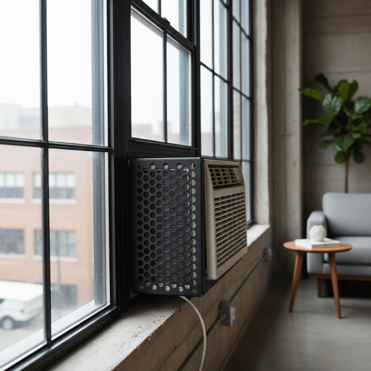 Modern AC cover with geometric circular cutout pattern Matte black perforated metal AC cover with geometric cutouts in a loft apartment.