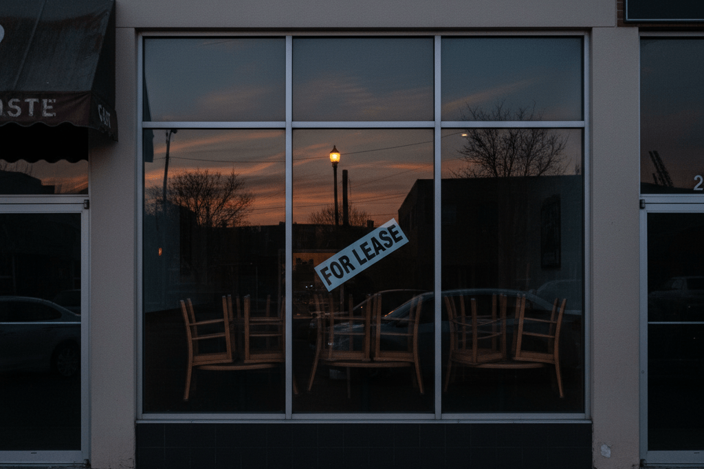 Wide-angle photo of a vacant pizza shop at dusk, showing stacked chairs and dim interior under soft streetlamp glow