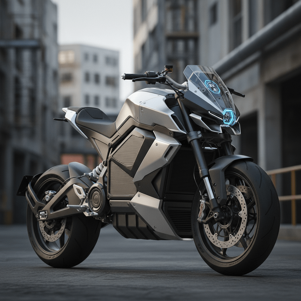 Aggressive naked streetfighter electric motorcycle with matte black and brushed aluminum surfaces.