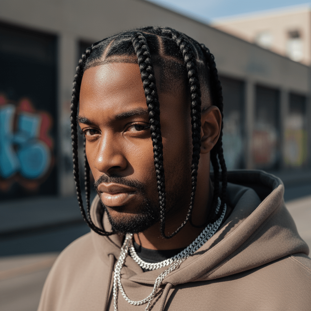 Stylish Black man with thick, structured Pop Smoke braids and a sharp burst fade.