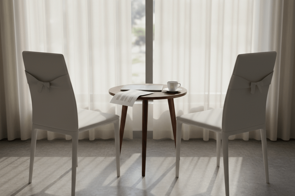 Two empty wedding chairs near a window with a contract and coffee, representing public relationship fallout