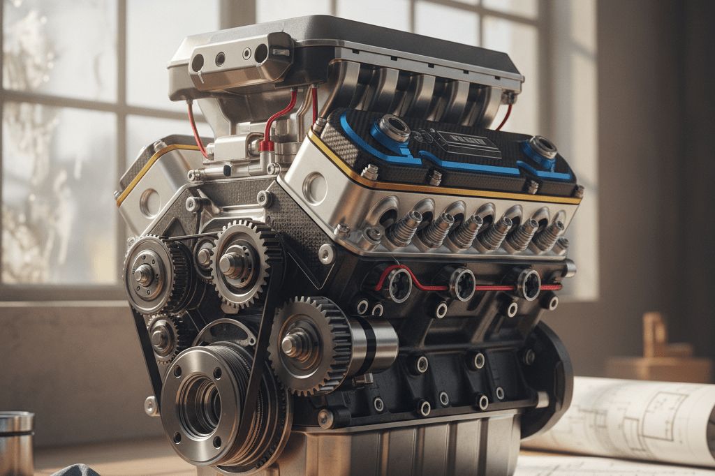 Detailed view of a high-performance V8 engine on a workbench under natural light, symbolizing innovation without recognizable branding
