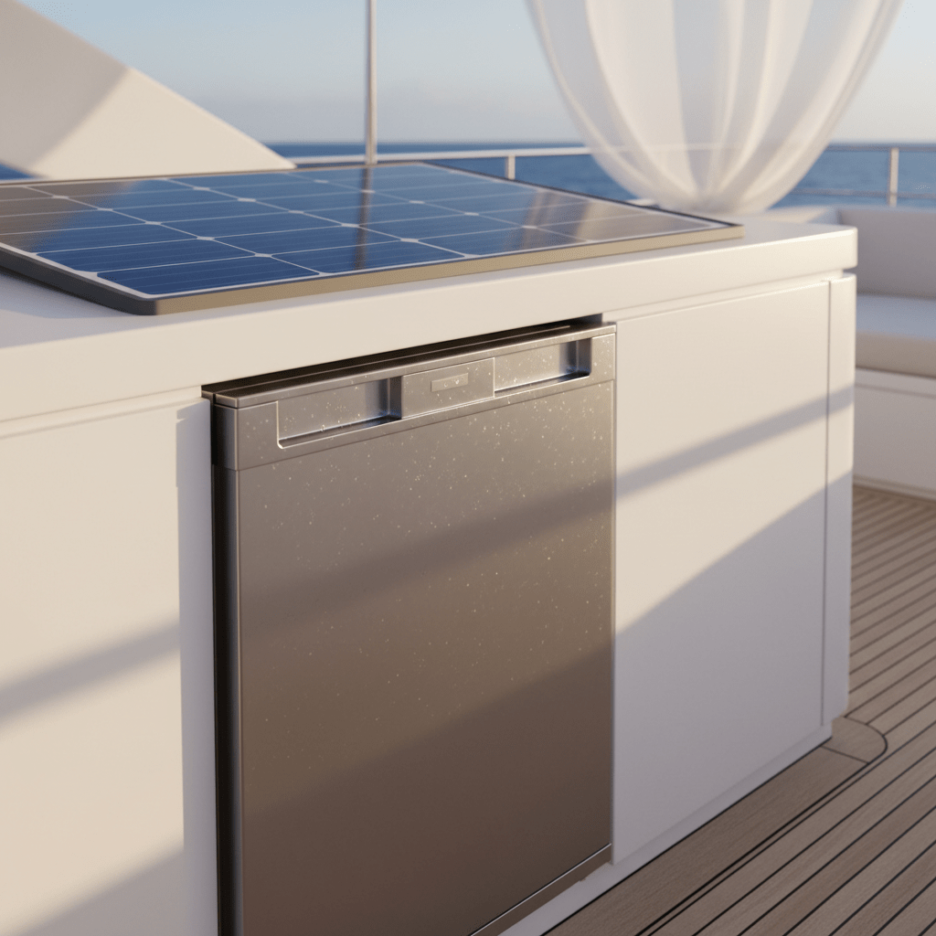 Close-up of solar refrigerator in minimalist yacht cabinetry, sleek stainless steel design.