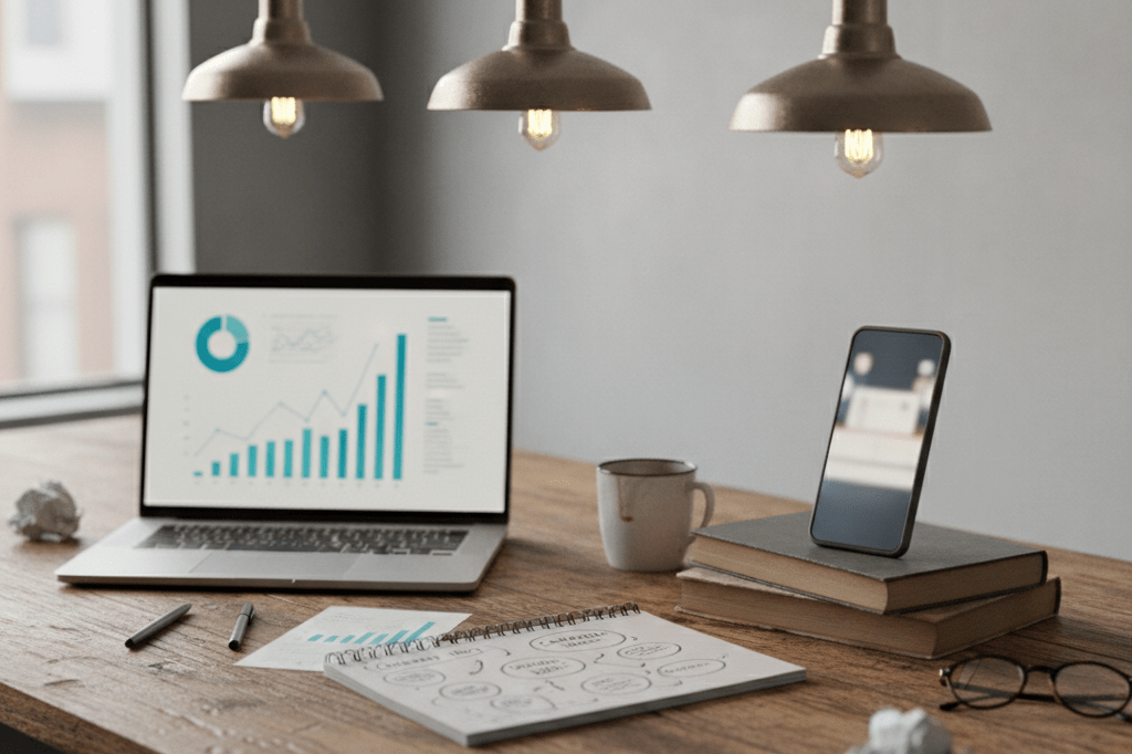 Table with a smartphone, laptop displaying analytics, and notebook sketches under ambient lighting, showcasing authentic marketing approach