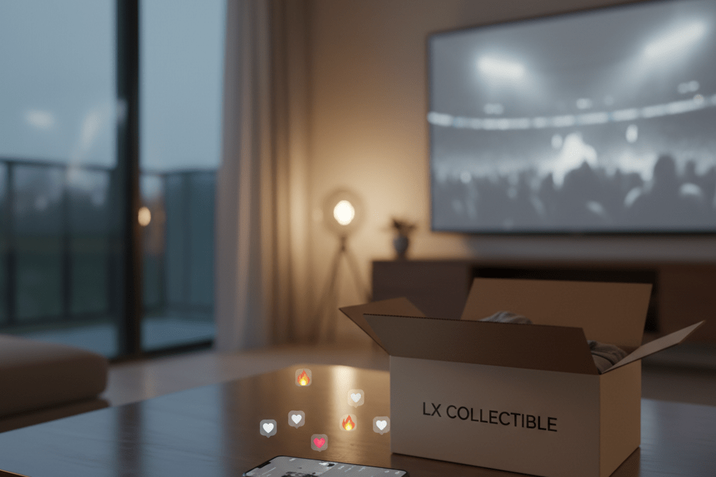 Medium shot of a living room with smartphone showing social reactions, unbranded merch box, and earbuds under ambient lighting