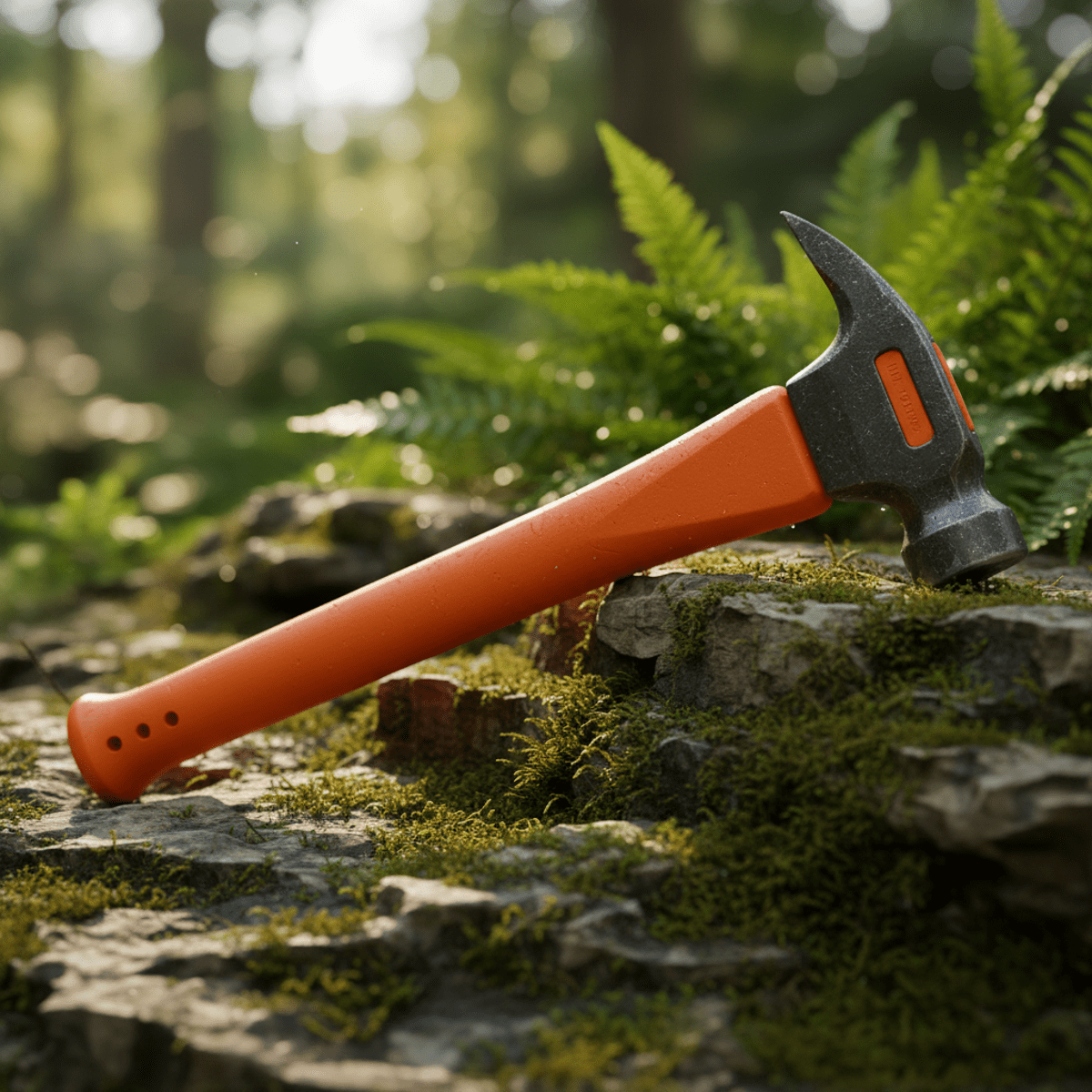 Rugged orange geological hammer rests on rocky terrain with lush green vegetation.