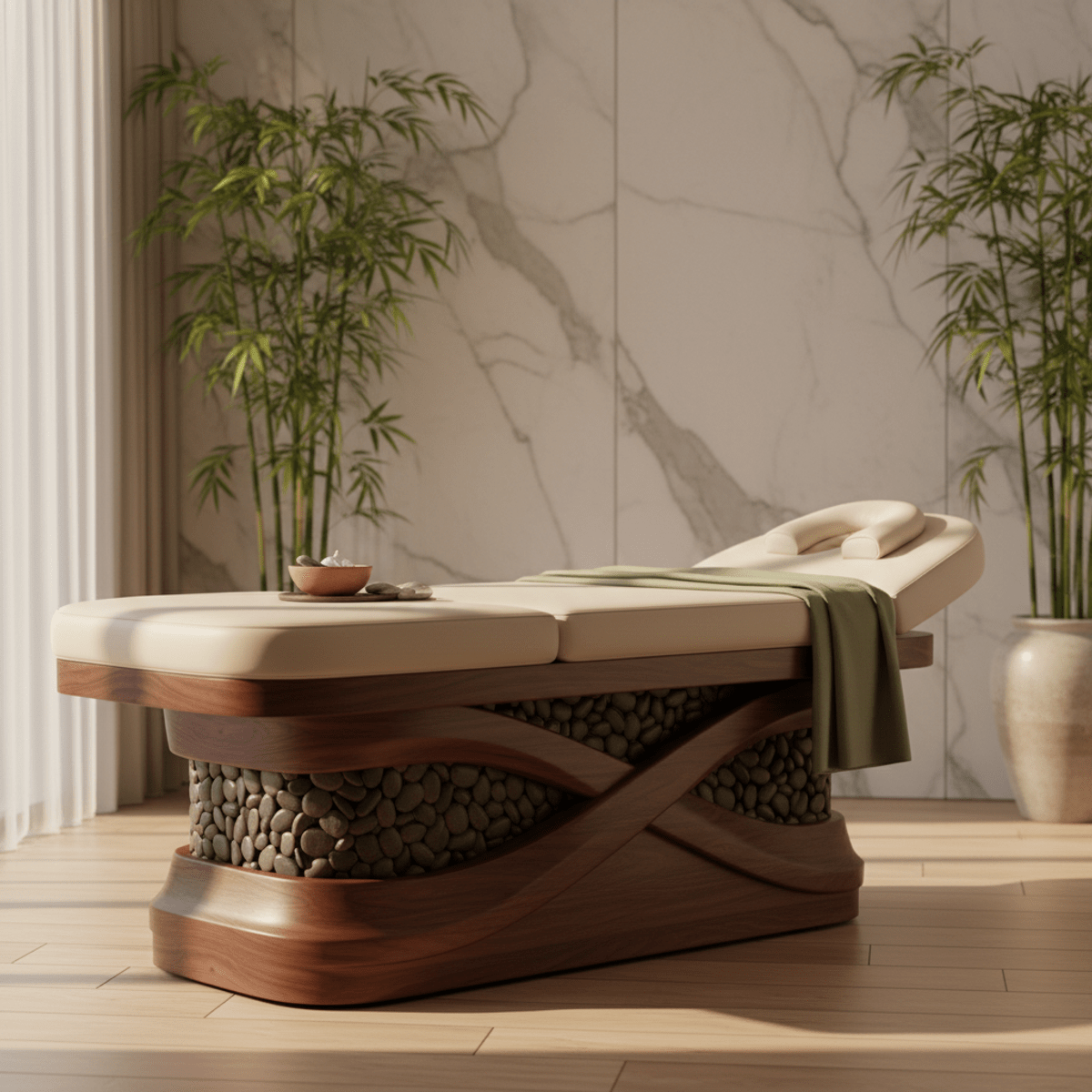 Modern hydraulic massage table with walnut base and river rock inlay in a spa.