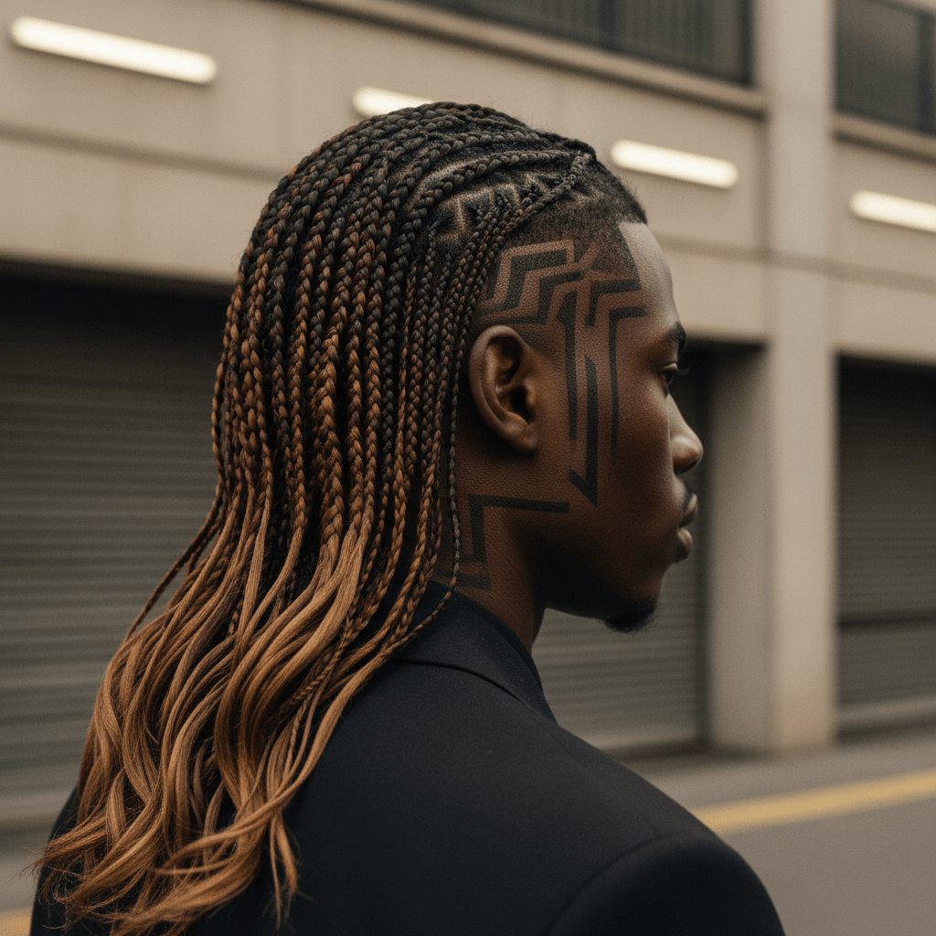 Black male micro knotless braids flow like liquid silk over a geometric undercut.