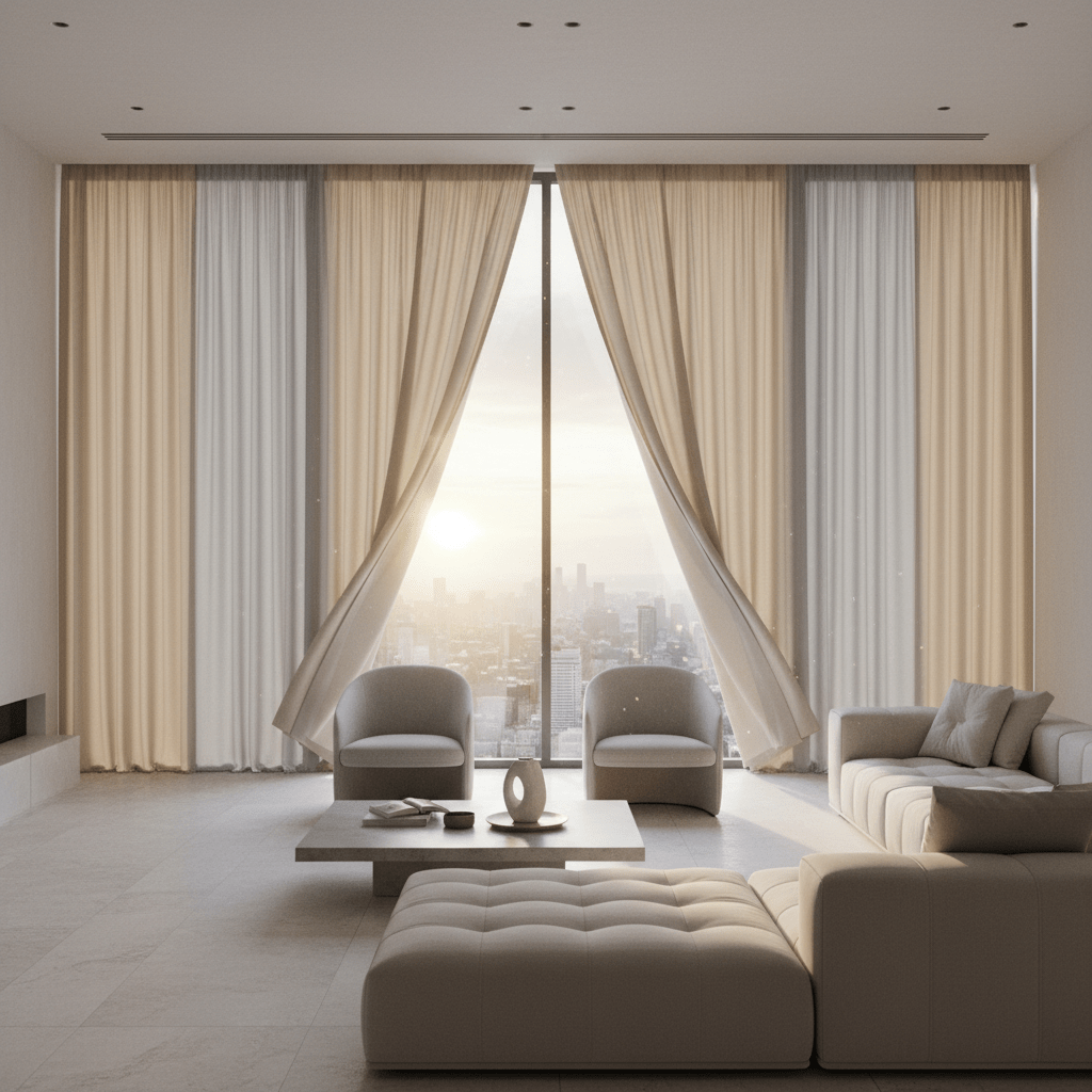 Automated wave-fold curtains for a sleek, modern living room. Modern wave-fold curtains in soft beige and light grey, automated for a clean interior.