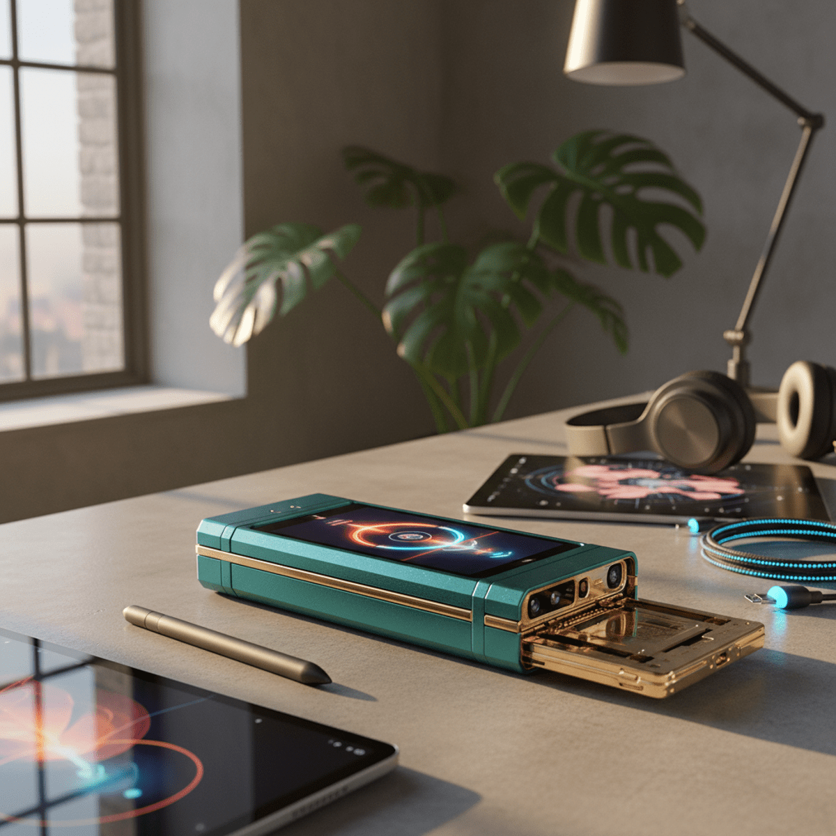 Retro deep teal phone with sliding camera grip in a modern workspace.