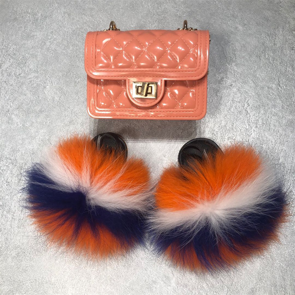 Customerized Real Fox Fur Baby Slippers Non-slipkids Fur Slides And Purse Set With Multi Color With Strap