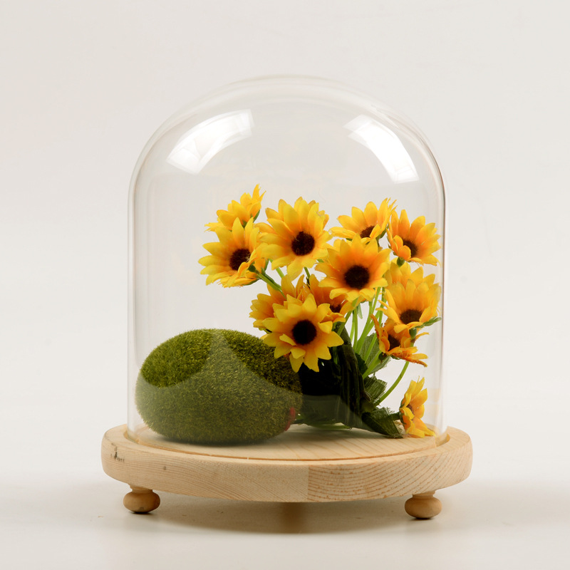 Factory Wholesale Custom Large Bell Glass Cloche Clear Glass Dome house With Wood Base for flower preserved