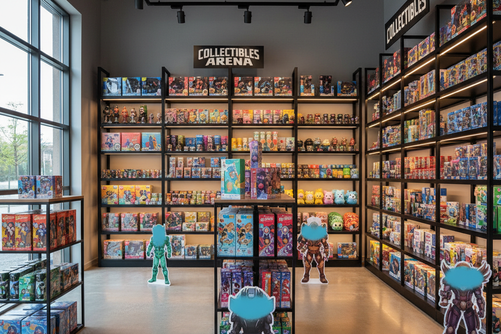 Wide-angle view of a vibrant themed retail display showcasing collectible items under natural and ambient lighting