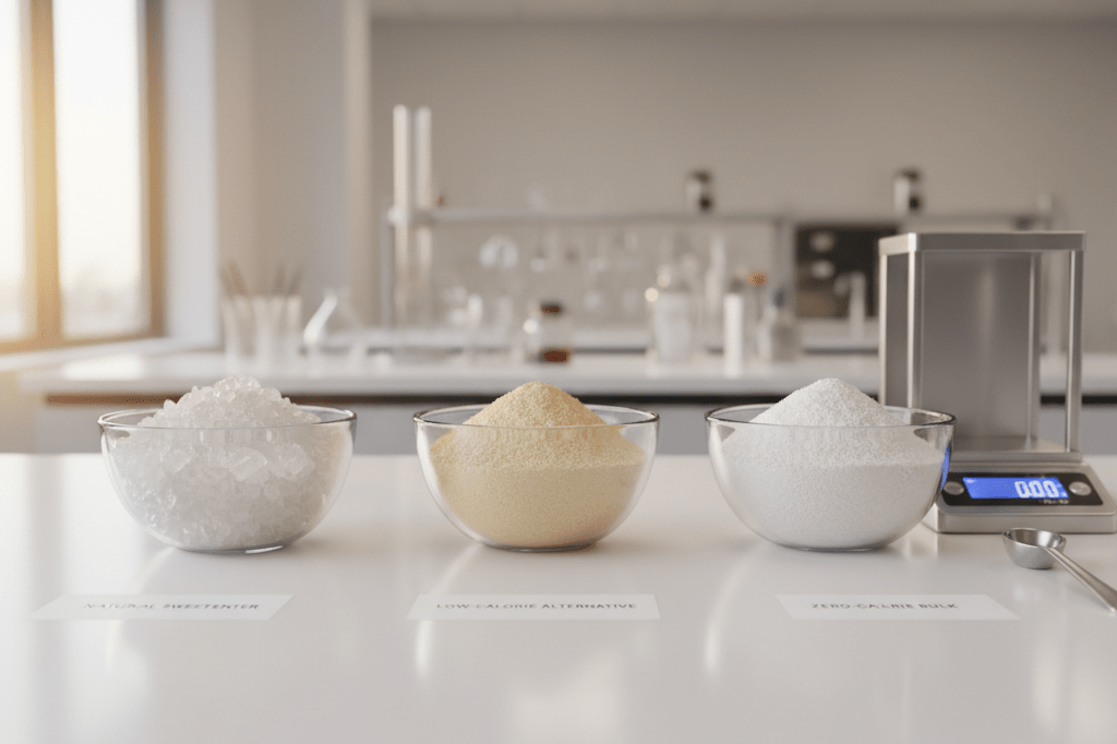 Medium shot of monk fruit, allulose, and erythritol samples on lab counter with scale under natural and ambient lighting