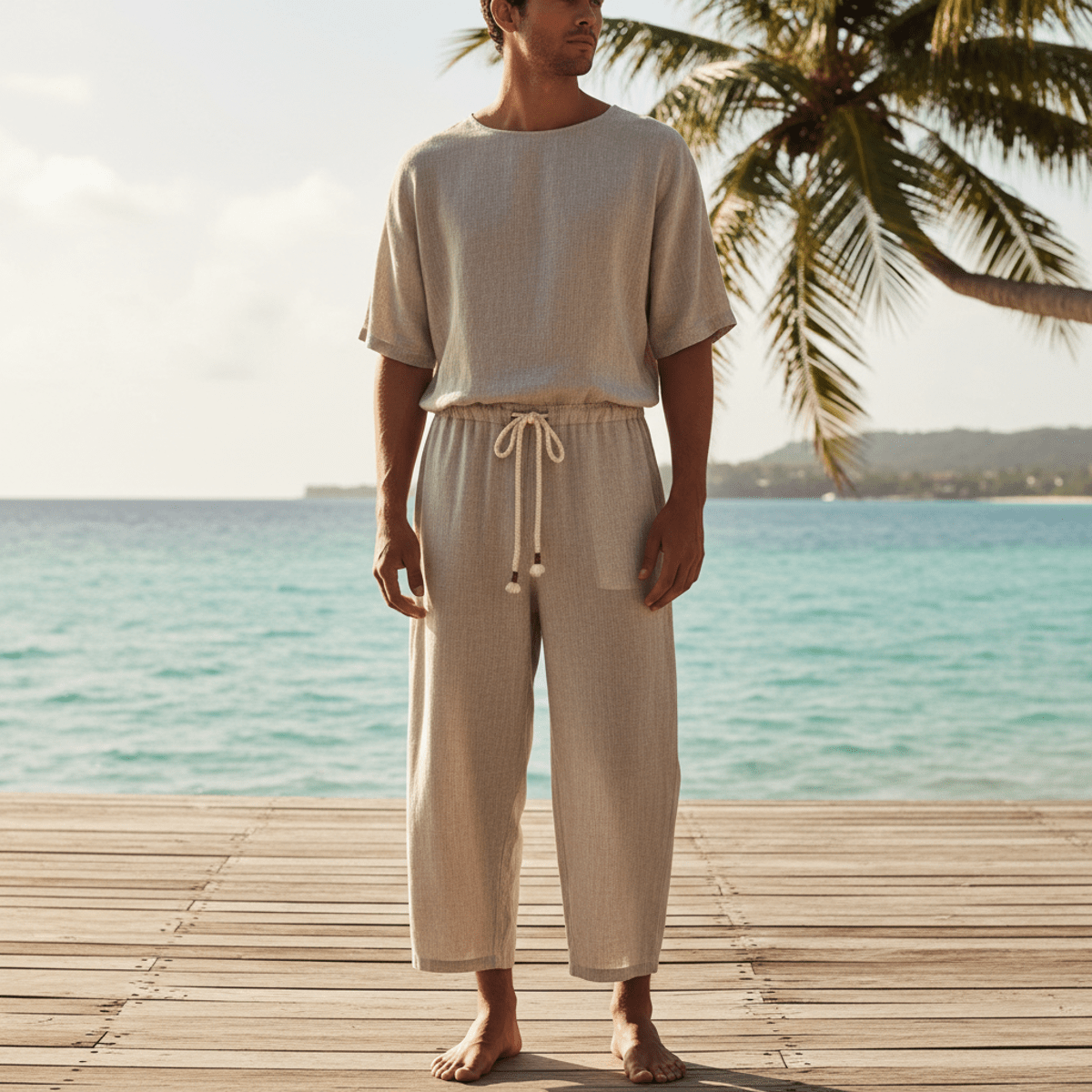 Man in beige linen resort jumpsuit barefoot on deck, turquoise ocean backdrop.