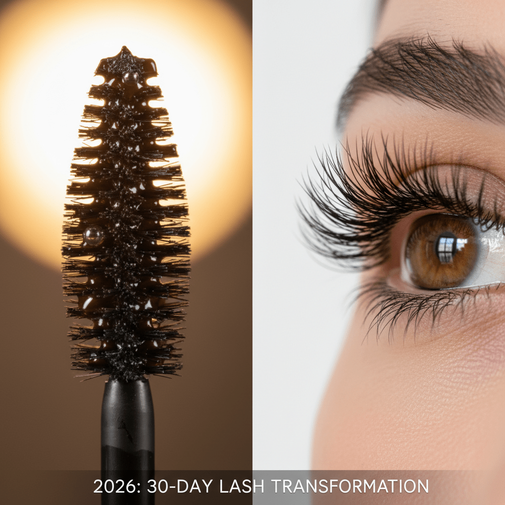 Mascara wand with serum fibers next to natural lashes, visibly longer and fuller.