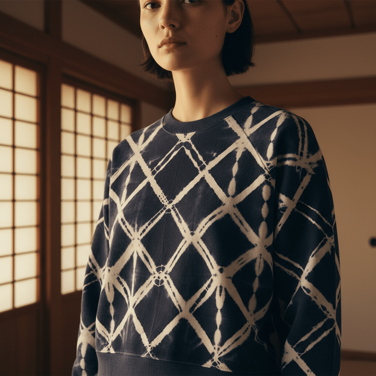 Luxurious Shibori tie-dye sweatshirt with navy and ivory patterns, showcasing fabric texture.