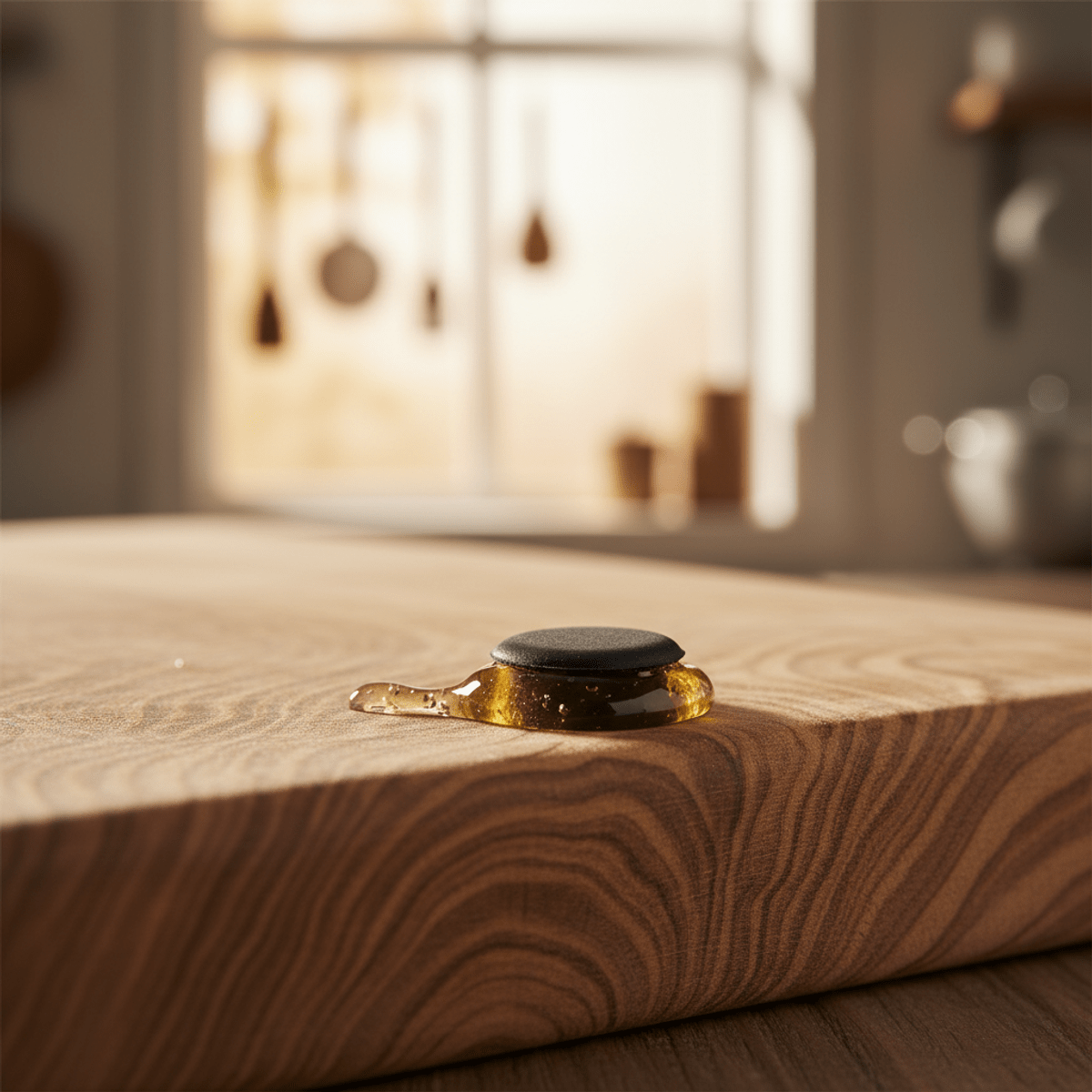 Small rubber foot being glued onto a wooden cutting board with gel adhesive.