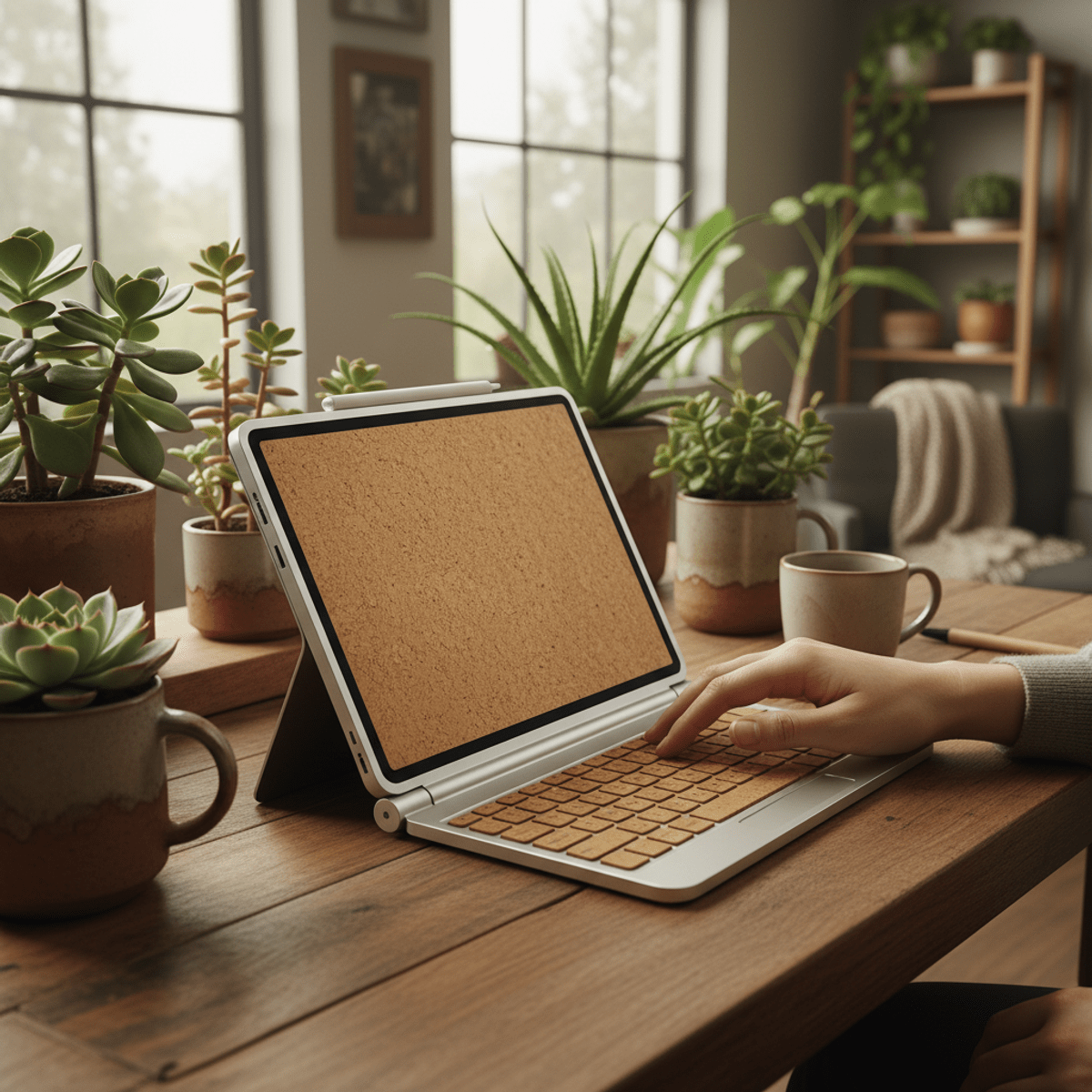 Tablet with cork deck and aluminum chassis on a wood desk, surrounded by plants.