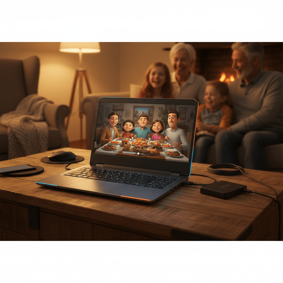 Affordable laptop on coffee table showing family movie, peripherals connected.