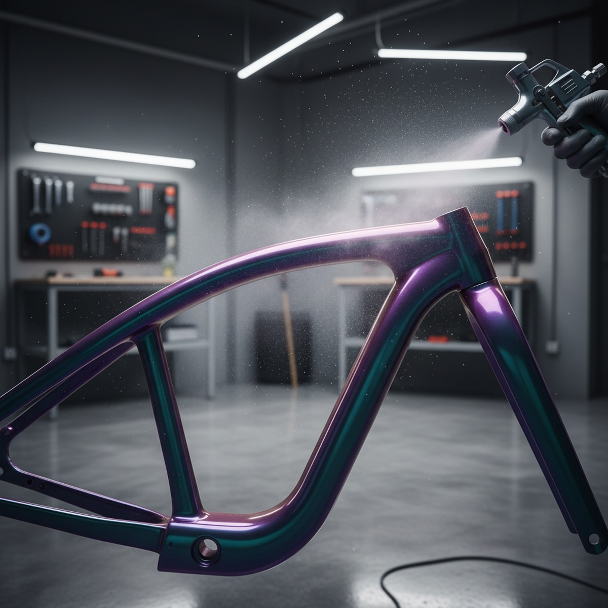 Futuristic e-bike frame getting a color-shifting powder coat finish.