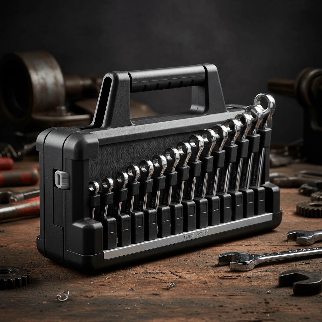 Rugged composite wrench organizer with tools secured by spring-loaded collars.