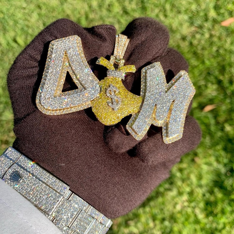 Silver 925 VVS Moissanite Diamond Number Name Initial Logo Pendant Yellow Gold Money $ Bag for Hip Hop Man