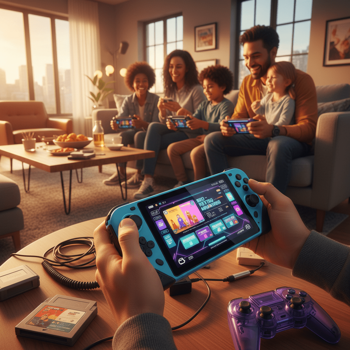 Multi-generational family playing a retro-futuristic handheld console in a sunlit living room.