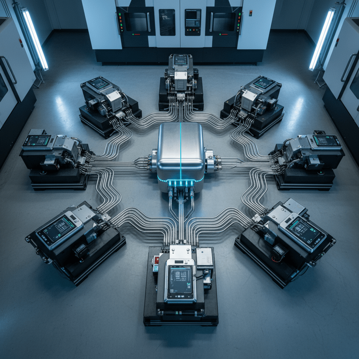 Automated manufacturing with futuristic electric oil pump Futuristic electric oil pump connected to CNC machines in a high-tech manufacturing hall.