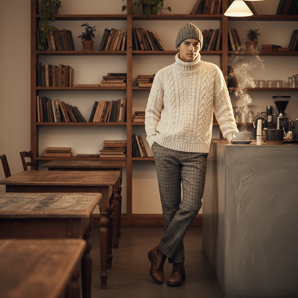 Person in knitwear and plaid trousers in a warm, book-filled artisan coffee shop.