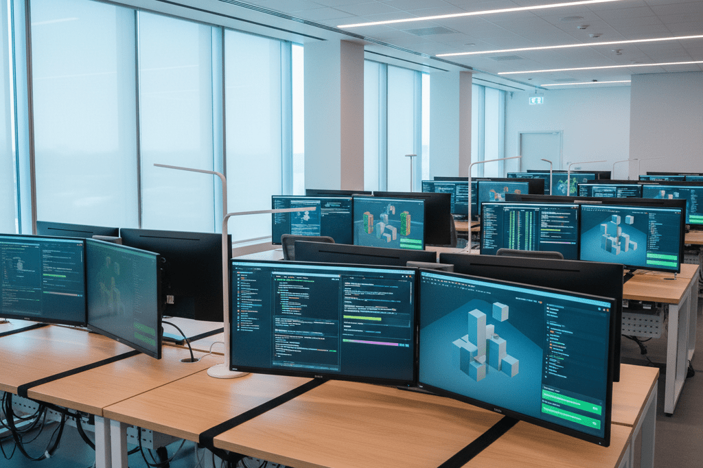 Wide shot of a gaming studio's control room with monitors displaying generic game development tools under natural lighting