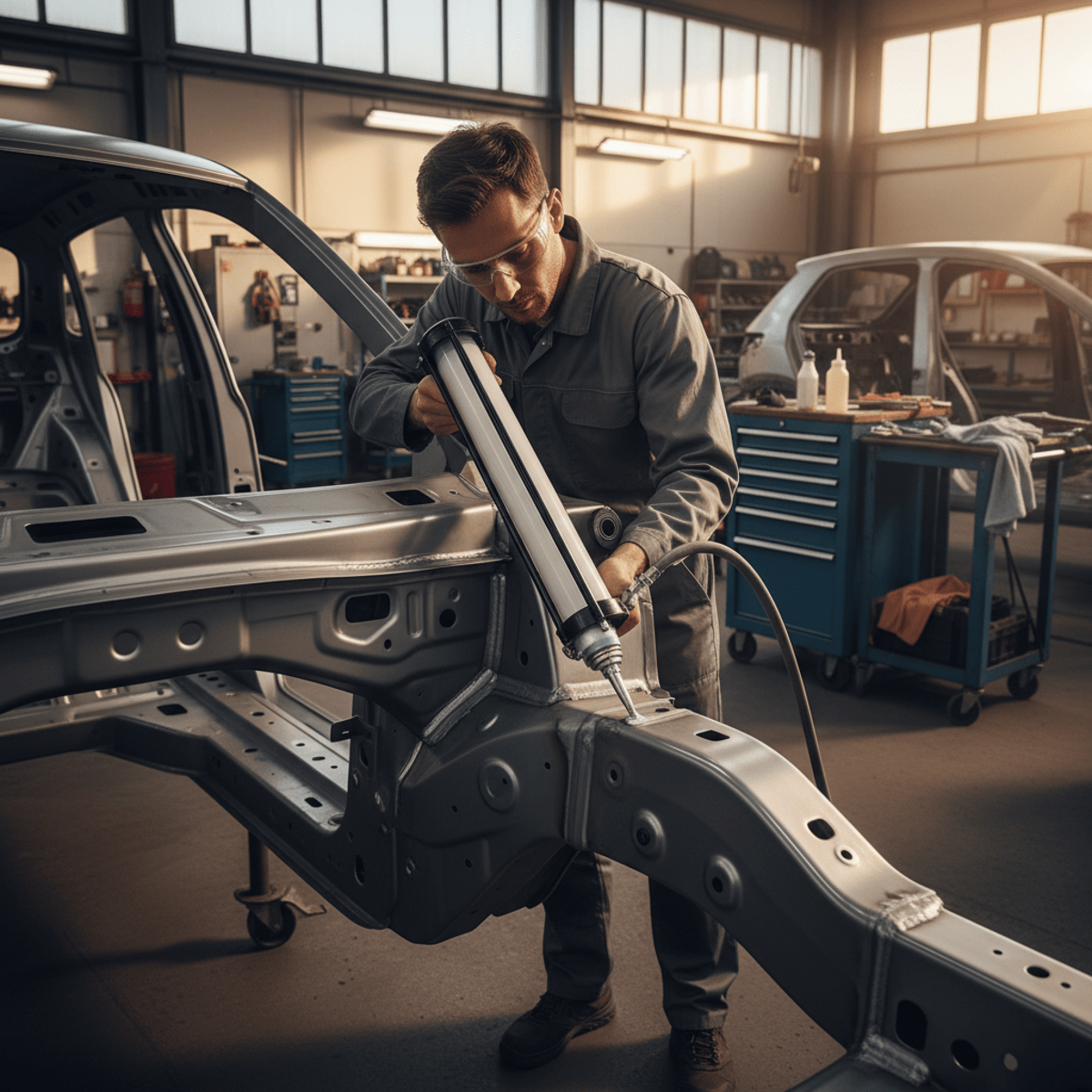 Technician applies seam sealant to vehicle chassis with a modern cordless caulking gun.