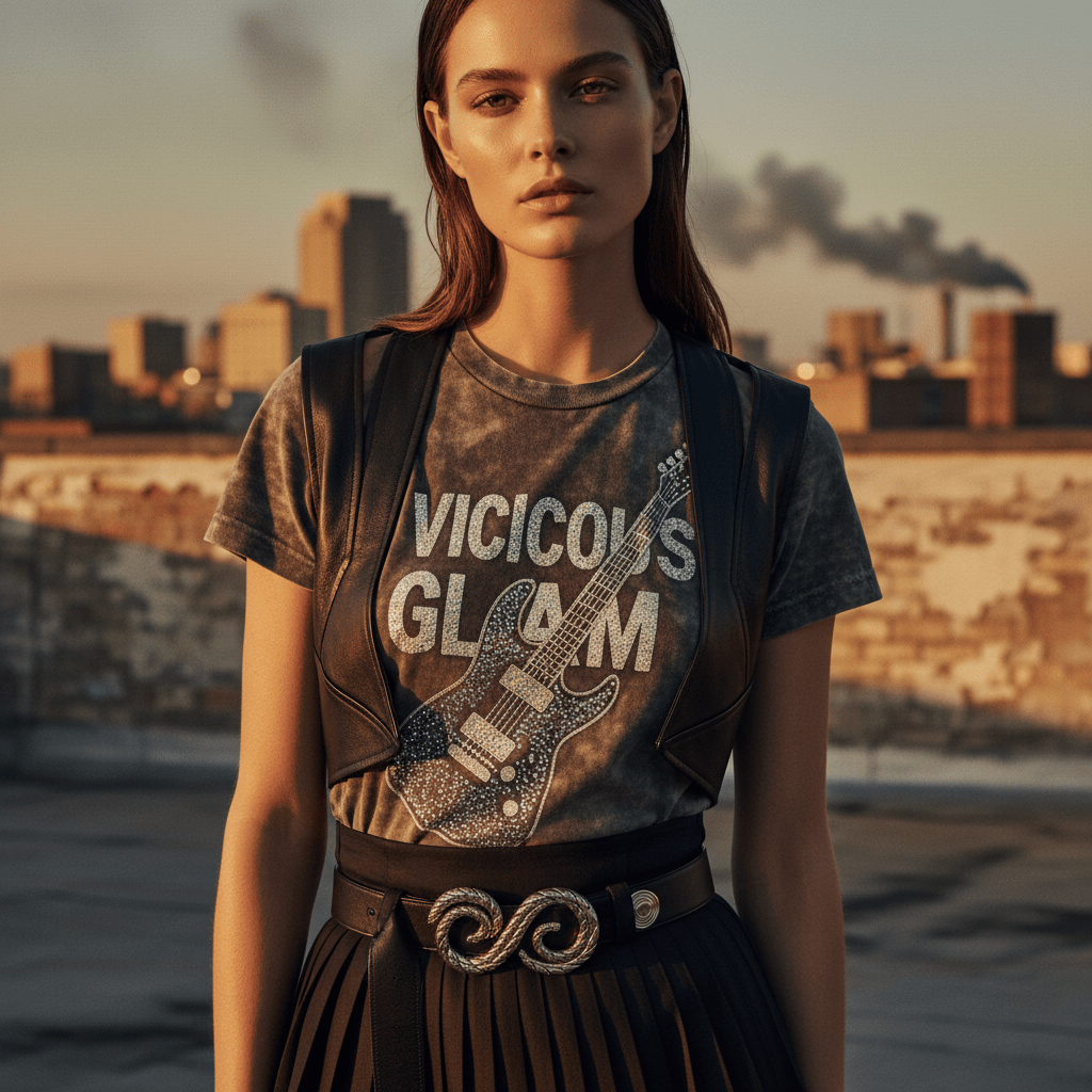 Model in 80s rock fashion with a vintage organic cotton band tee and metallic embellishments.