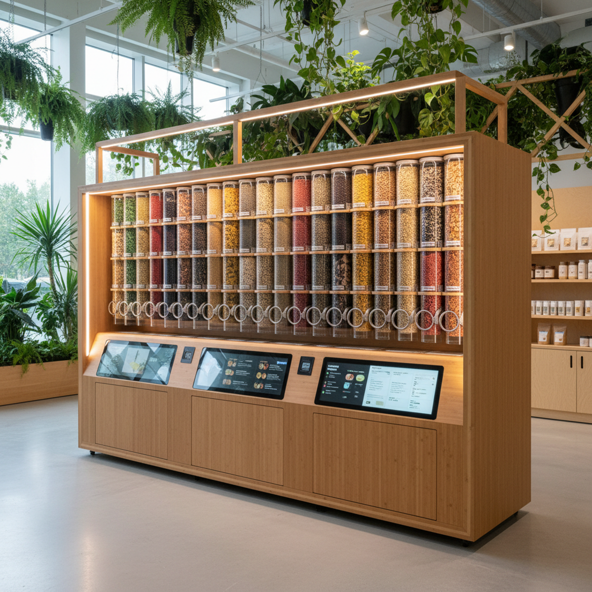 Futuristic sustainable food vending machine with organic dry foods in clear containers.