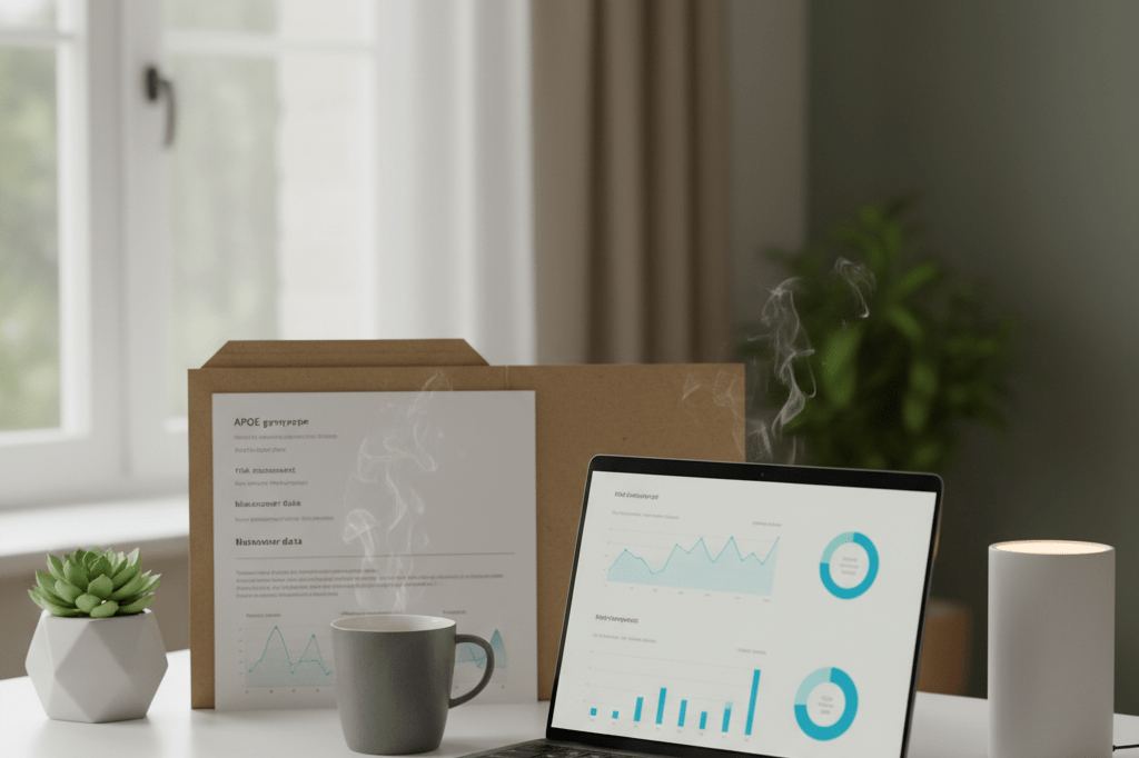 Medium shot of a desk with medical report, laptop showing wellness metrics, succulent, and steaming mug under natural and warm ambient light