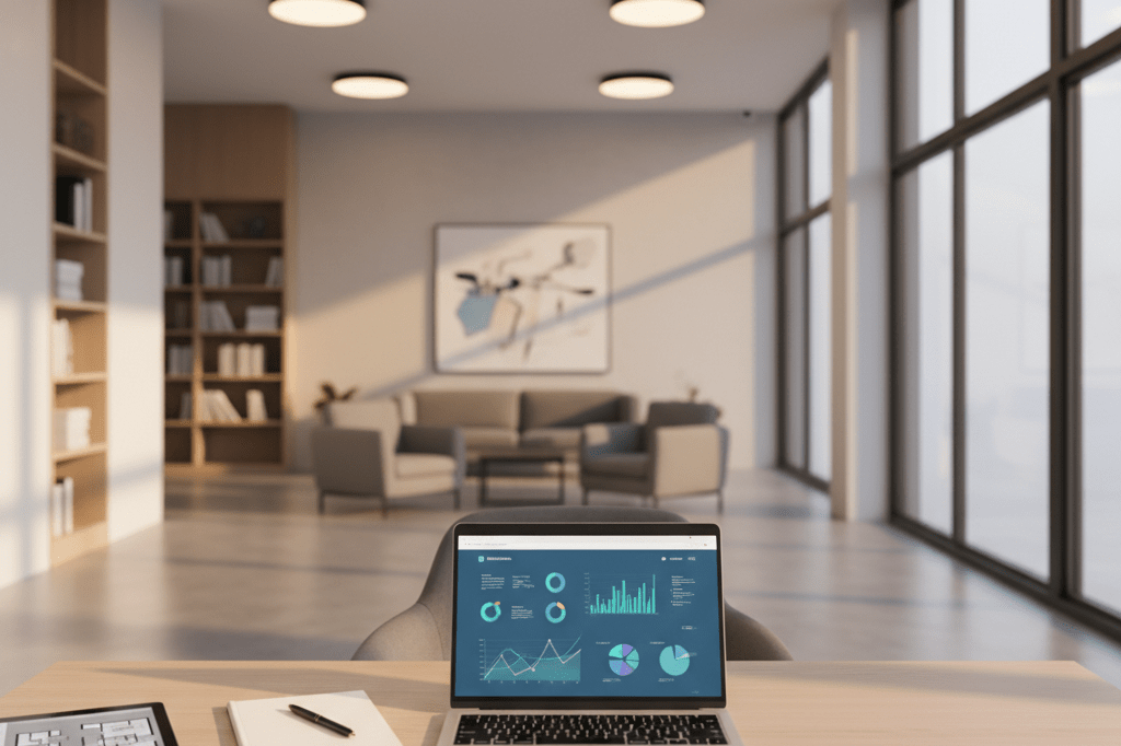 Empty desk in a real estate office featuring laptop with analytics graphs under natural daylight