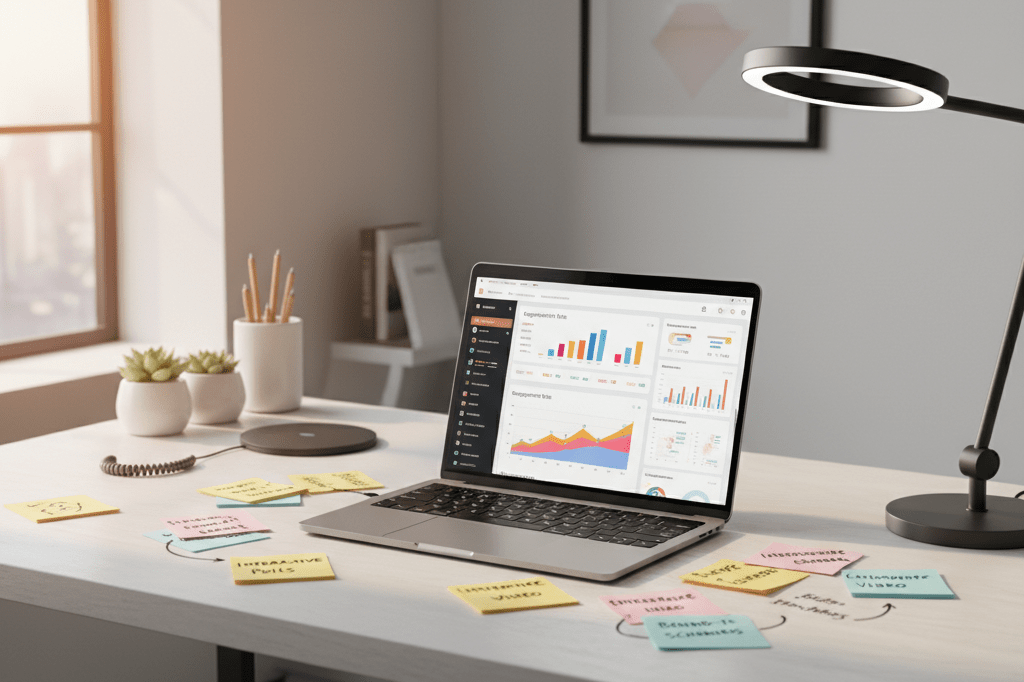 Modern desk setup with laptop displaying analytics, sticky notes, and soft lighting reflecting focus on innovative marketing approaches