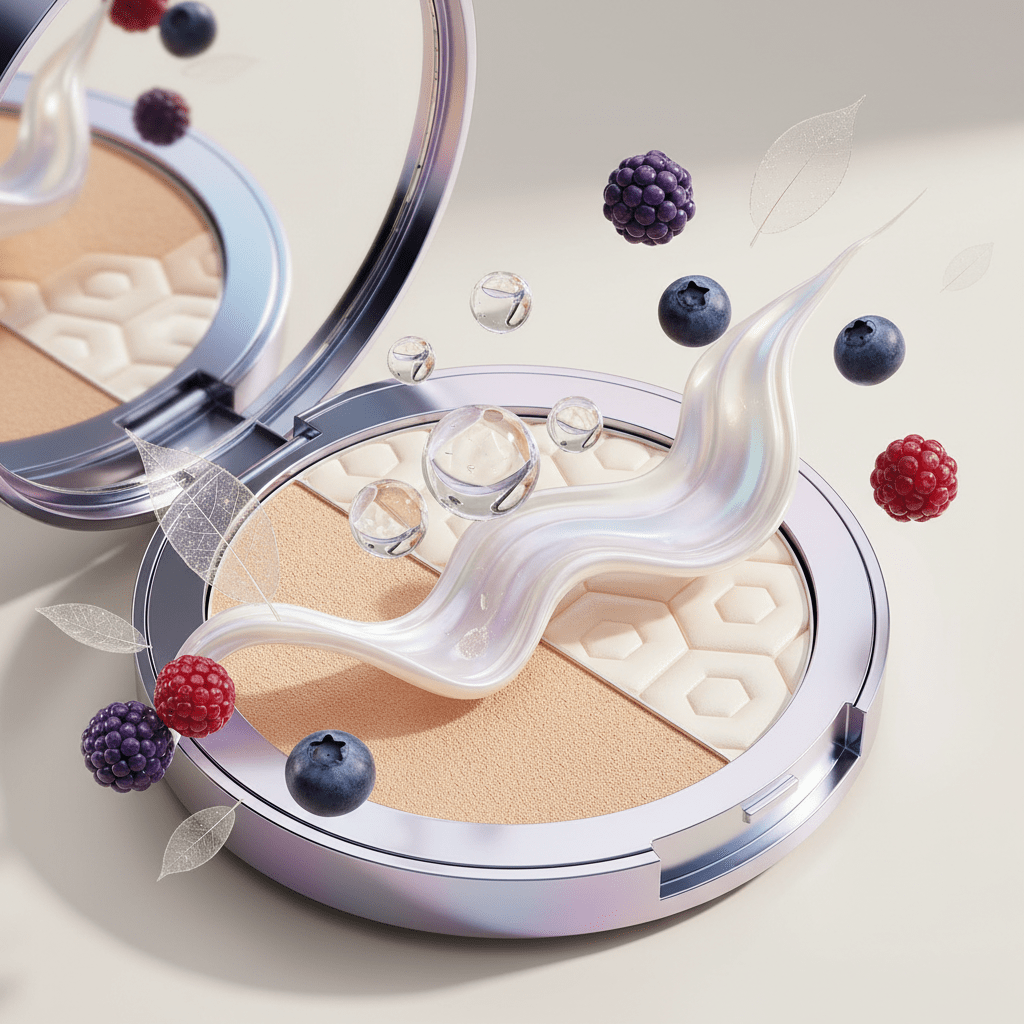 Macro view of futuristic compact powder with gel, cream, and ceramic textures for skincare.