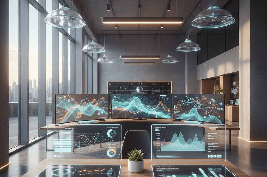 Wide shot of a high-tech retail analytics setup with abstract data visuals under natural light, evoking advanced consumer tracking methods