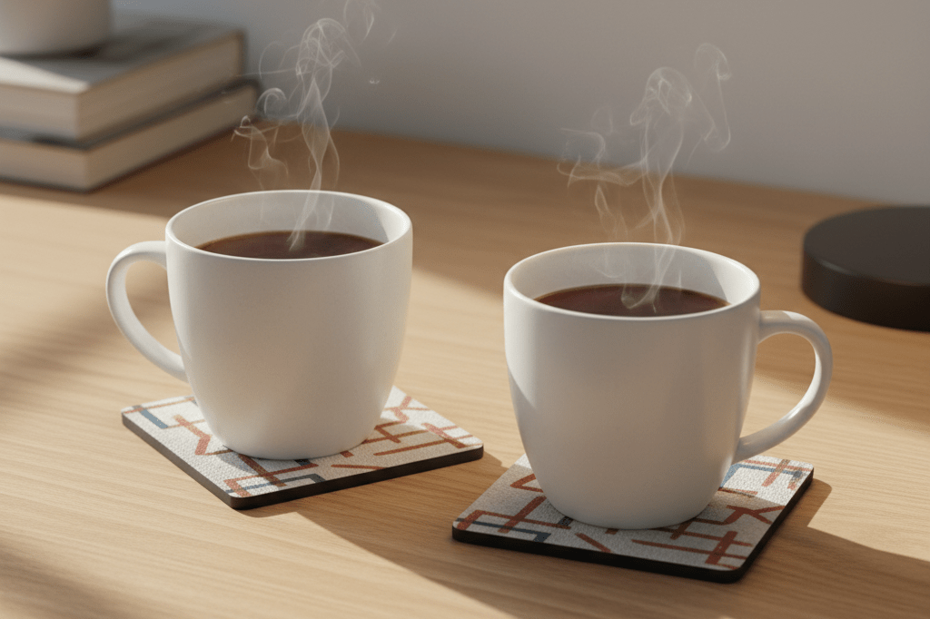 Two matching ceramic mugs symbolizing a strategic short-term brand partnership Medium shot of two identical steaming mugs and an abstract dual-tone coaster on a light oak desk in natural light