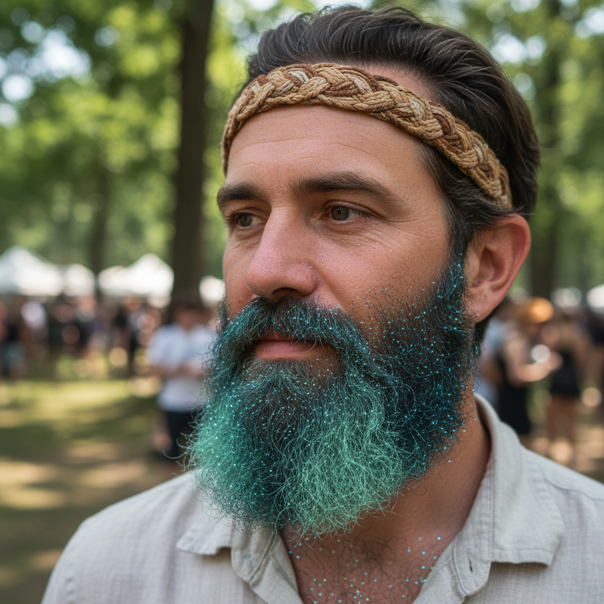 Man with a blue to green ombre glitter beard sparkling in natural and artificial light.