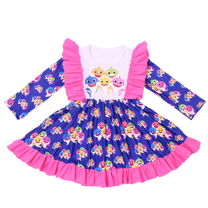 Smocked children clothing kids beautiful model dresses milk silk cartoon frocks designs shark prints ruffle dress party dress