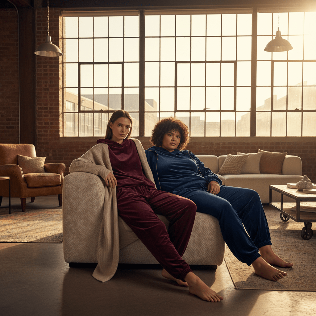 Two people in plush velvet tracksuits lounge in a sunlit urban loft.