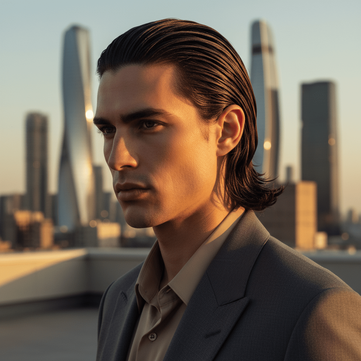 Futuristic wet-look slicked-back hair in urban golden hour. Male model with wet-look slicked-back hair against an urban skyline at golden hour.