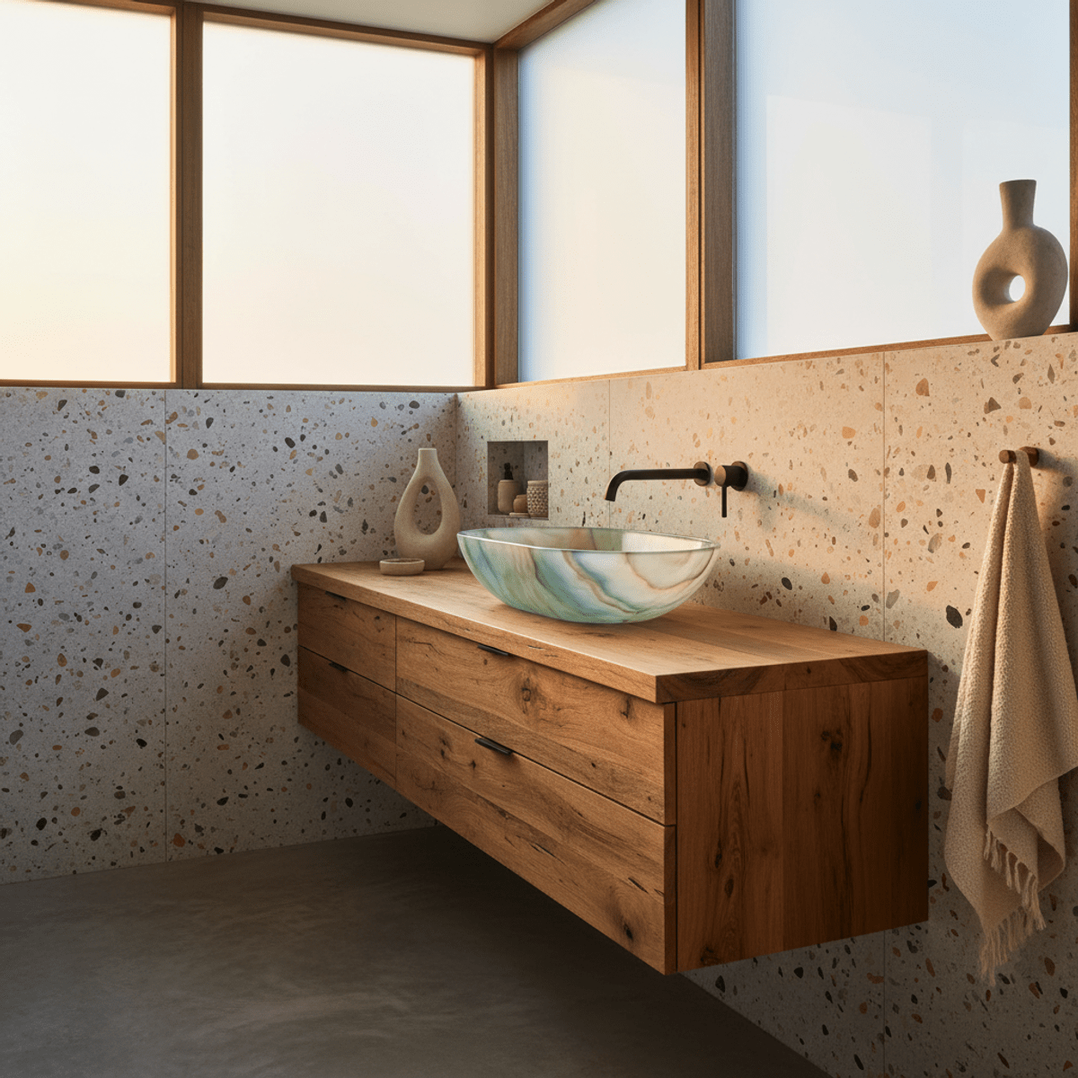 Sustainable spa bathroom with minimalist curved lines Serene sustainable spa-like bathroom with minimalist curves and reclaimed materials.