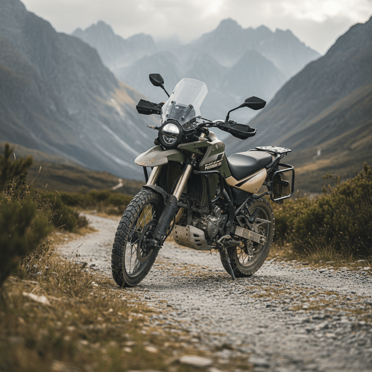 Rugged adventure motorcycle parked on a scenic rocky trail Lightweight adventure motorcycle on a rocky mountain trail, ready for exploration.