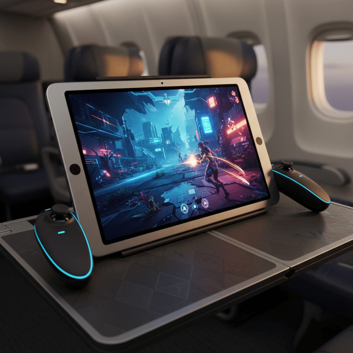 Futuristic tablet on airplane tray with wireless controller, displaying vibrant game.